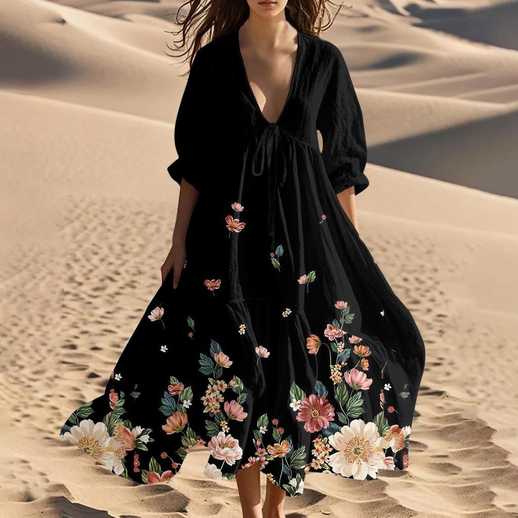 Abito Lungo da Spiaggia Estivo da Donna con Scollo a V, Vintage, con Stampa Floreale, Allacciato, con Dettagli in Pizzo