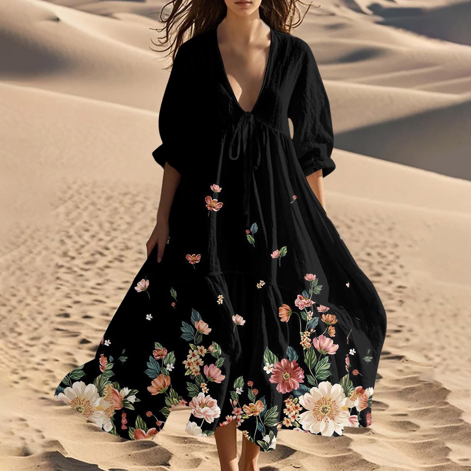

Женское летнее модное платье макси с V-образным вырезом для пляжа, винтажное, с цветочным принтом, шнуровкой и вставками XXL чёрный