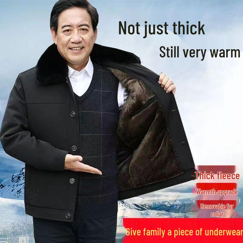 Men's Winter Coat for Seniors - Thickened Cotton Padded Jacket with Buttons for Ages 70-80
