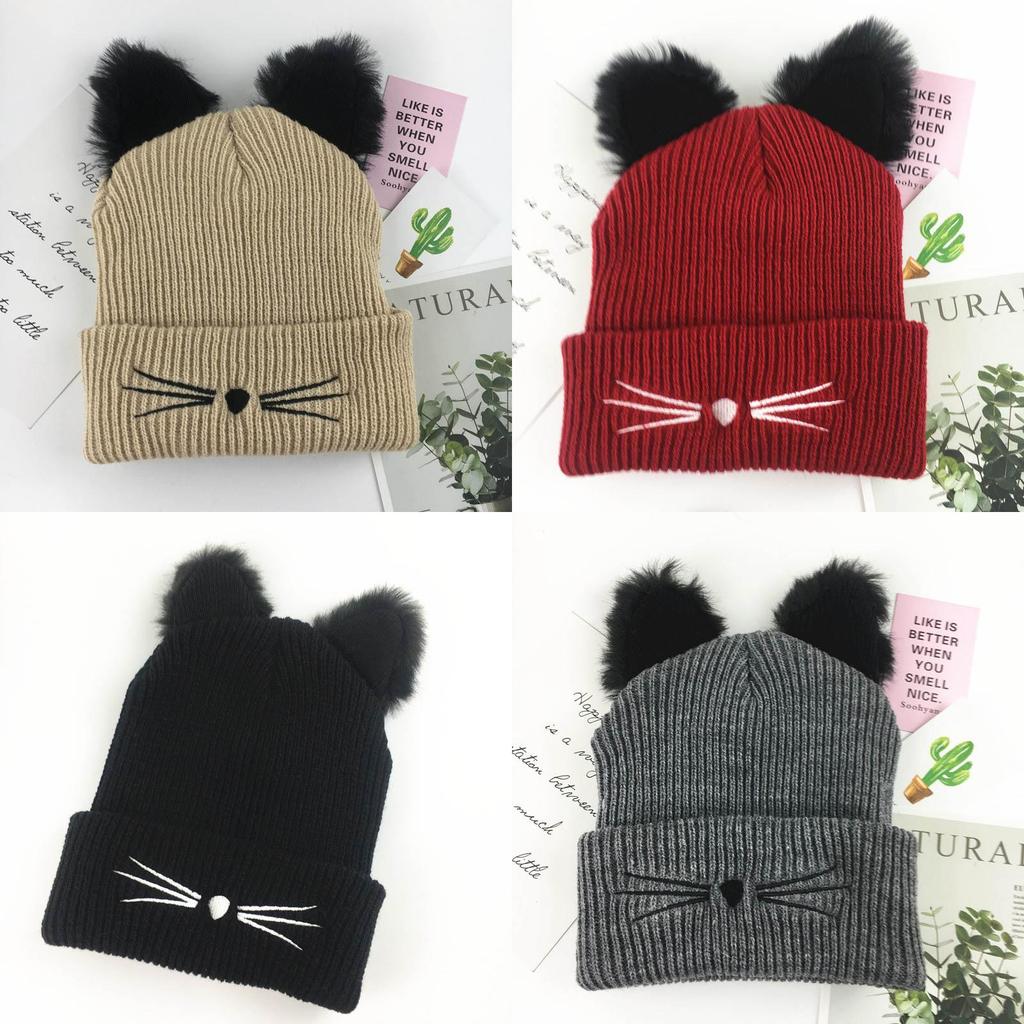 Premium Cat Ears Women Hat Knitted Acrylic Warm Winter Beanie Caps For Gift Giving