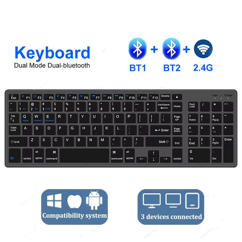 Двухрежимная клавиатура TWO Bluetooth-клавиатура 2.4G беспроводная клавиатура 102 клавиши Перезаряжаемая клавиатура Для ПК Android Windows macOS чёрный