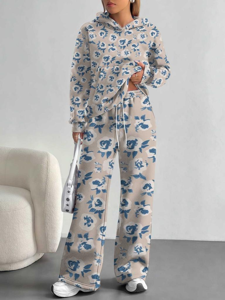 Pink Cherry Print European and American Autumn and Winter Casual Long-sleeved Suit Women's Hooded Sweater Trousers Two-piece Set