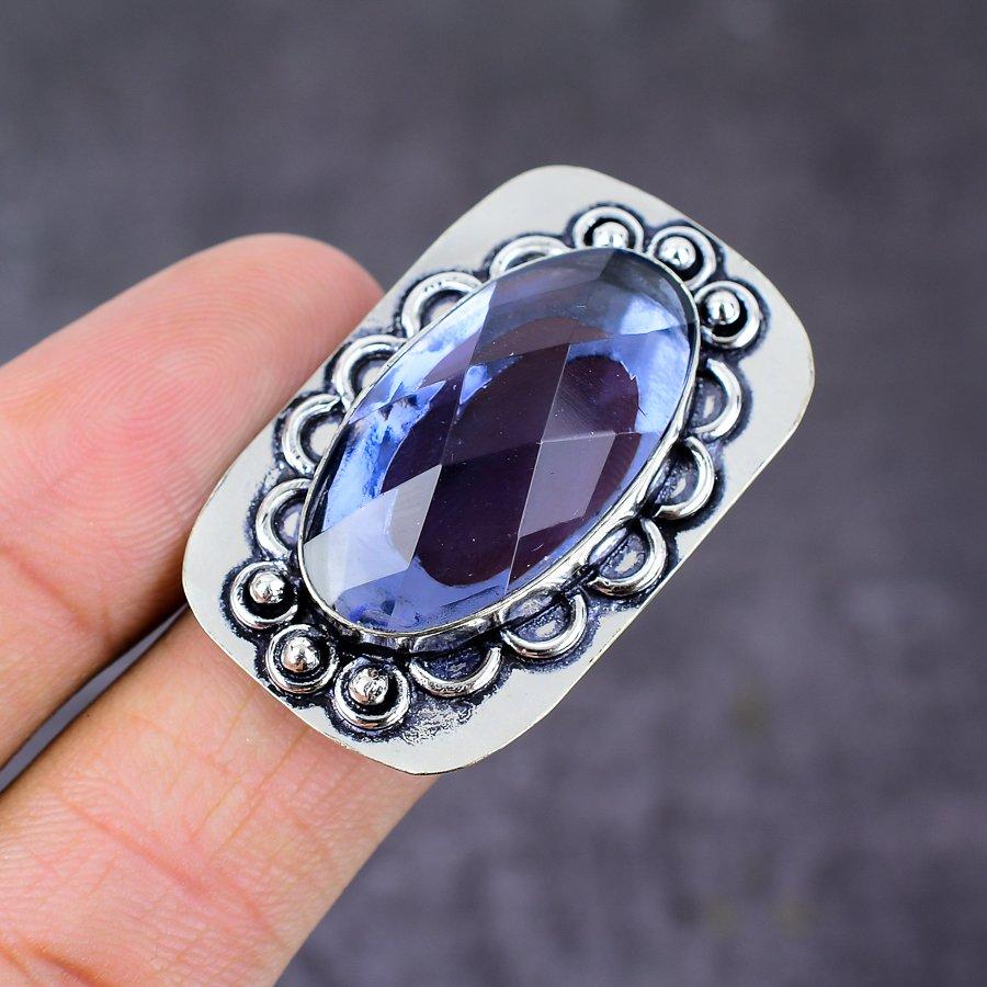 Natürlicher Iolith Quarz Edelstein Handarbeit 925 Sterling Silber Ring Größe 8 N9n70