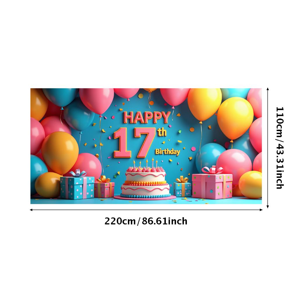 17th Happy Birthday Backdrop Banner Birthday Cake Balloon Gift Photography Background Event Festive Decoration Party Supplies