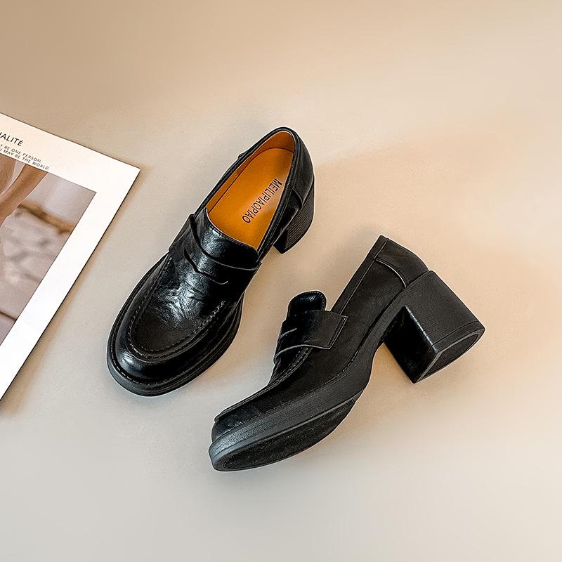 British Style Black Chunky Heel Loafers – Cowhide, Versatile, High Heel College Flats