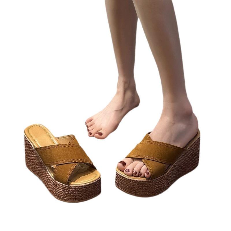 Summer set of toe thick bottom outer slippers women's slope heel solid color round head herringbone cool slippers