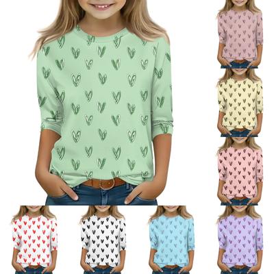 Genç Kızlar İçin Baskılı Üstler 5-16 Yaş Yuvarlak Yaka 3/4 Kollu Tişörtler Trend Üstler Kıyafet Tişörtleri