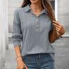 Women's Solid-Color Collared Long-Sleeve Top Button Neck Pullover