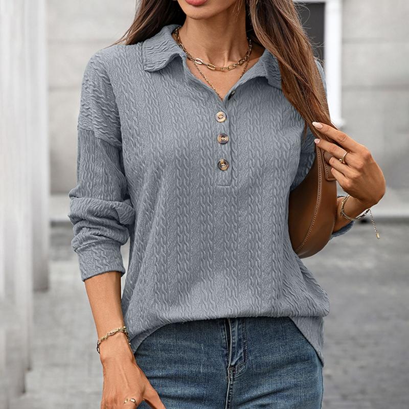Women's Solid-Color Collared Long-Sleeve Top Button Neck Pullover