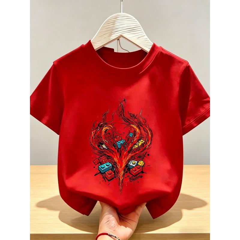Europäische Größen Kinder-T-Shirt Lebendig und Trendig Flammen-Thema Kreativer Blockdruck, Dynamische Energie und Streetstyle Ausstrahlend. Baumwollstoff, Atmungsaktiv