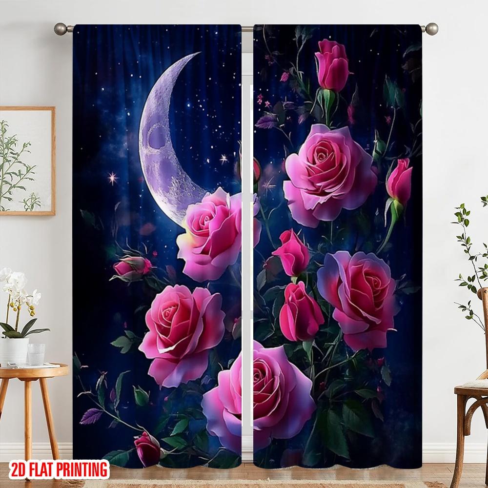 2pcs 2D flat printing Curtains Pink Roses and Crescent Fabric Without Electricity Birthday Party Use for New Year and Carnival