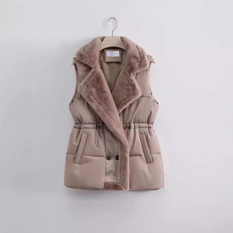 Lamb wool splicing down cotton vest women wear outside in winter autumn and winter new fur integrated lapel drawstring vest