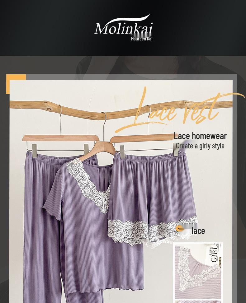 Women's Premium Three-Piece Pajama Set, Spring/Autumn, Outdoor-Ready, with Lace & Chest Pads, Comfortable Casual Home Wear