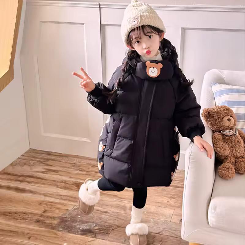 

Зимняя куртка для девочек, длинная, толстая, теплая, с капюшоном, с мультяшным медведем, детская верхняя одежда 90