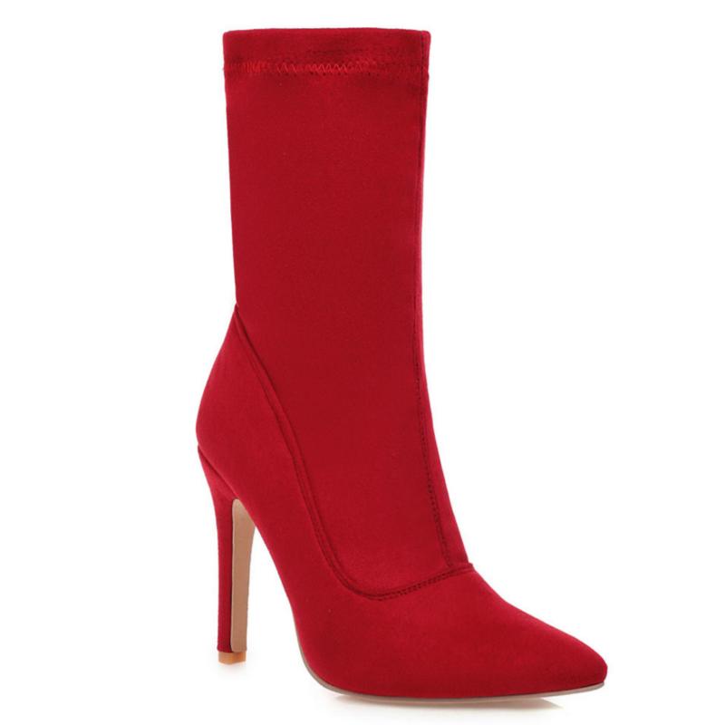 Stretch Slim Ankle Boots For Women Shoes Fashion Sexy High Heels Short Socks Boot Ladies Blue Red Party Dance Shoes Big Size 48