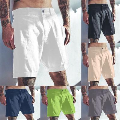 Men's Cotton-Linen Summer Beach Shorts with Pockets Solid Colour Comfortable Breathable Shorts