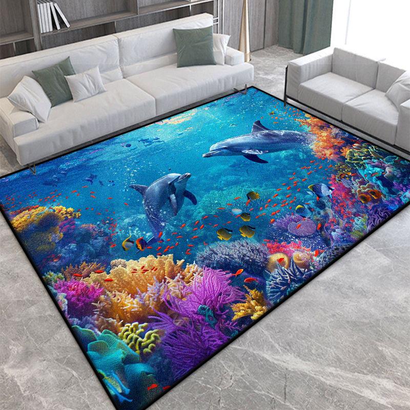 Modern 3D Seabed Large Living Room Rug Non-slip Room Decoration Rug Lint-free Easy Cleaning Entrance Door Mat Machine Washable