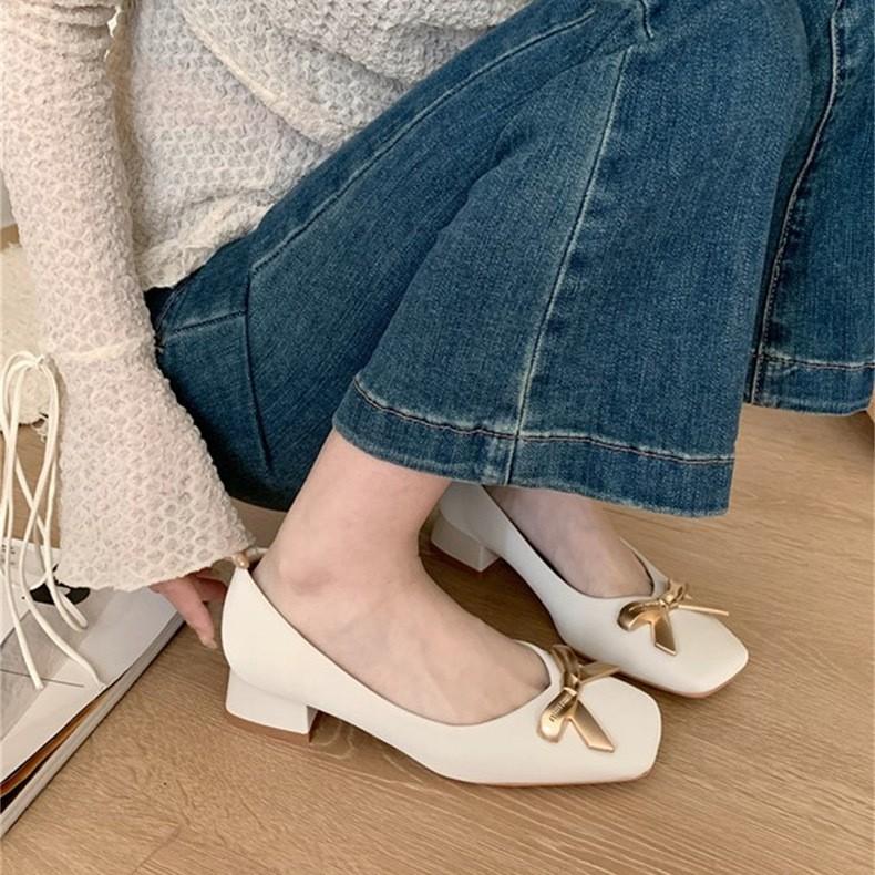 2025 Spring and Autumn New Fashion Versatile Temperament High Heel Light Mouth Bow Versatile Thick Heel Single Shoes Women's Shoes