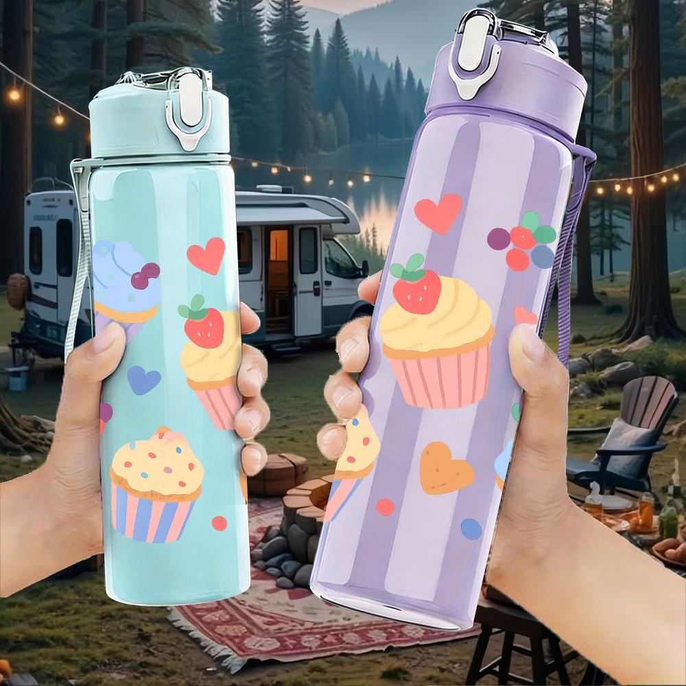 1PC Cupcake Birthday Cake Pattern 750ml Color Plastic Sports Water Bottle Leakproof Flip Straw Lid Suitable for Sports Office Home Use