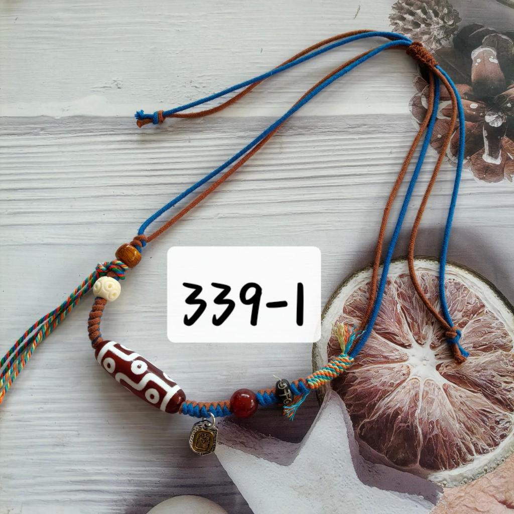 Adjustable Handmade Necklace with Agate Buddha Eye, 3-Eyed Dzi, and 9-Eyed Pendant