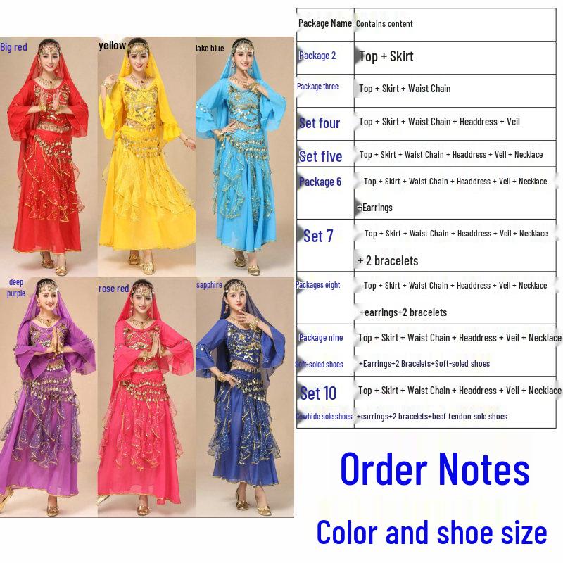 Costum Dans din Buric pentru Femei - Set Etnic de Performanță cu Fustă cu Mâneci Clopot