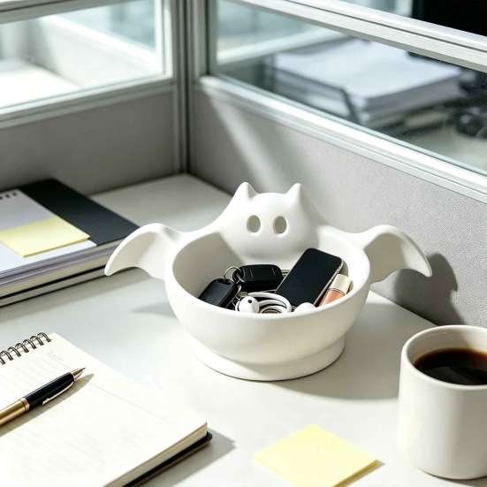 Cute Ghost Figurine Bowl Halloween Candy Bowl, Bat Shape Ceramic Serving Dish, Themed Store Window Display Tabletop Decoration for Party