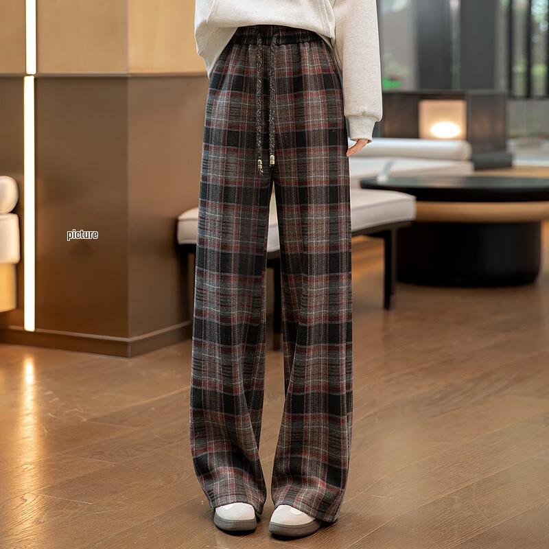 Women's Retro Drawstring Draped Wide-Leg Plaid Casual Pants