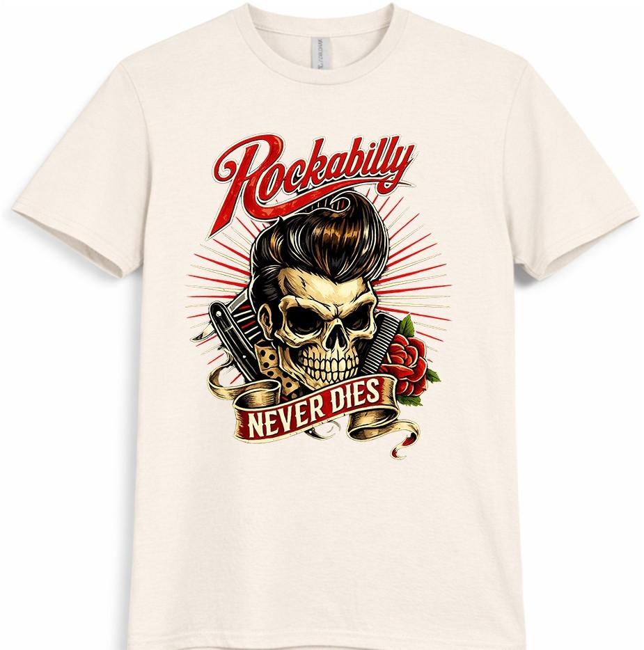 Rockabilly Never Dies Skull T Shirt Vintage Retro Rock and Roll Graphic Tee
