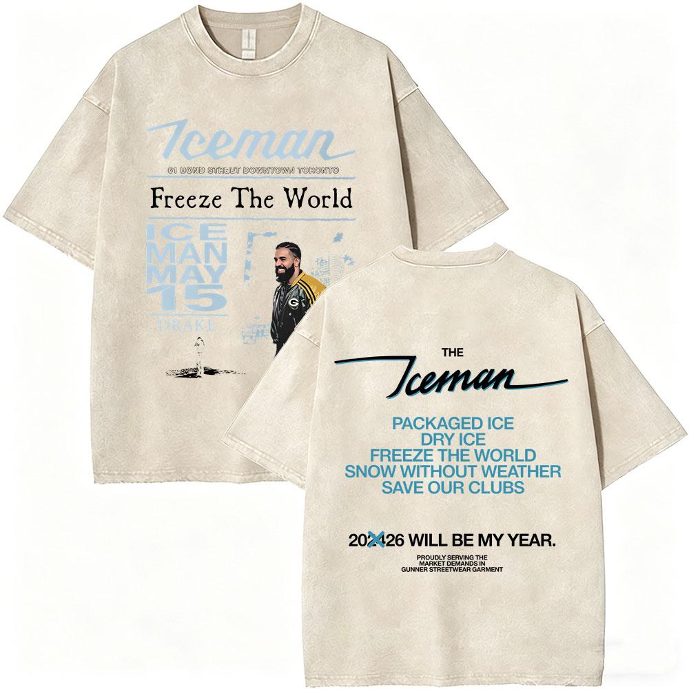 T-shirt Grafica Album ICEMAN Rapper Drake Vintage Lavato Uomo Donna Moda Hip Hop Oversize T-shirt Maschile Casual T-shirt in Cotone
