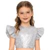 Dívčí párty halenka top třpytivý flitrovaný crop top kulatý výstřih volánkové design s muchlákovými rukávy podšitý narozeninový top