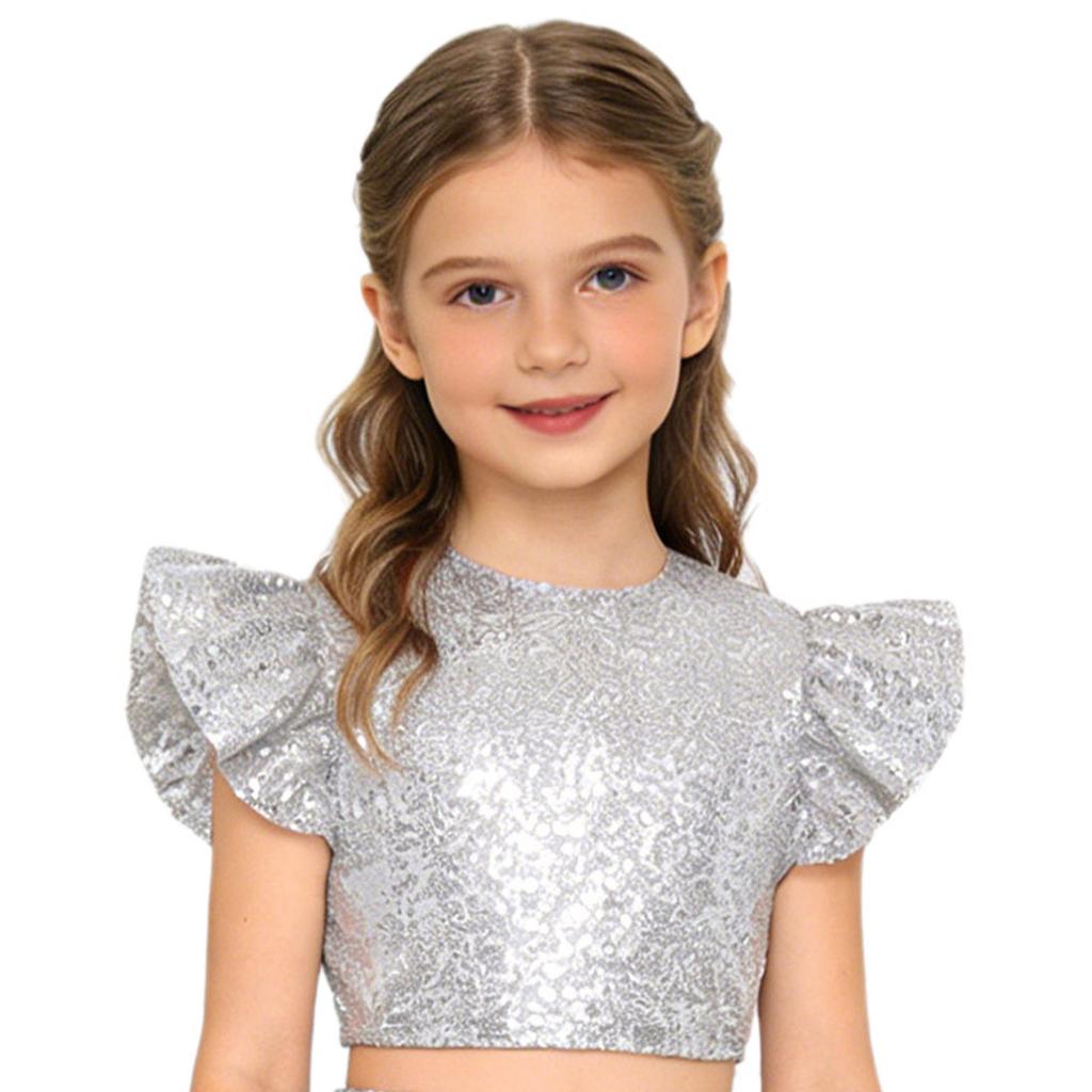 Dívčí párty halenka top třpytivý flitrovaný crop top kulatý výstřih volánkové design s muchlákovými rukávy podšitý narozeninový top