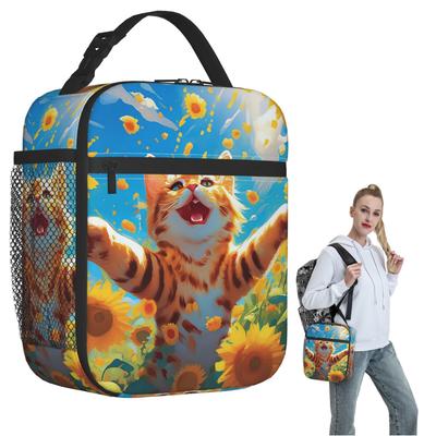 Sunflowers Surround Cat Pattern Insulated Lunch Bag for Women Children Portable Food Boxes Thermal Lunch Box Tote
