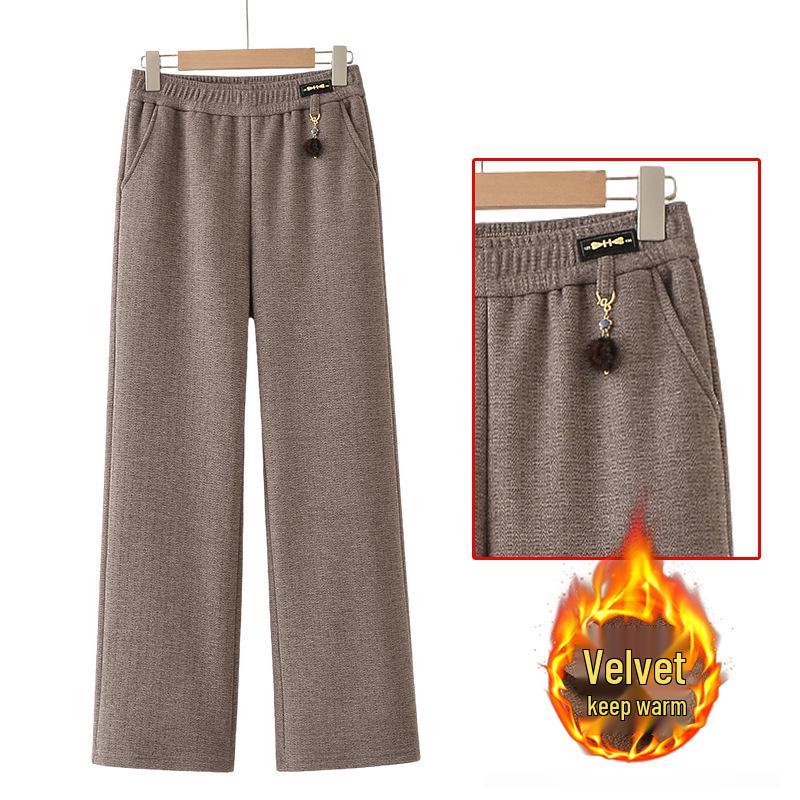 2025 Autumn/Winter Plus Velvet Thickened Elastic Waist Straight-Leg Casual Pants for Middle-Aged and Elderly Women