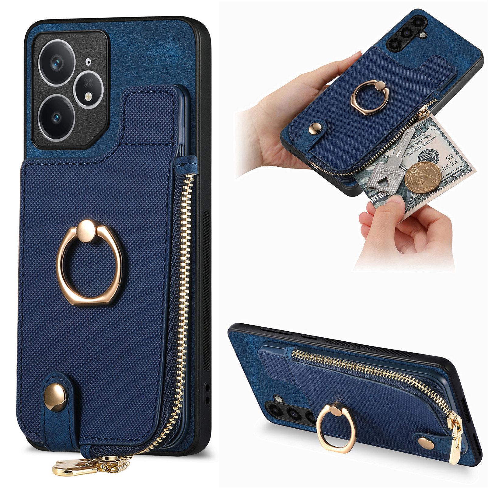 

For Realme Neo7 5G Leather Phone Back Cover with Zipper Wallet and Ring Kickstand Blue