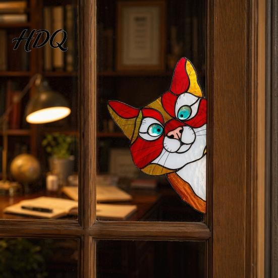 Sunlight Catching Cat Sticker Stained Glass Window Cling Vintage Colorful Kitty Decal Removable Static Cling for Door Wall Car UV-Resistant