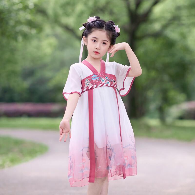 Little Tiger Patty Girls  Summer Embroidered Chiffon Hanfu Dress 150