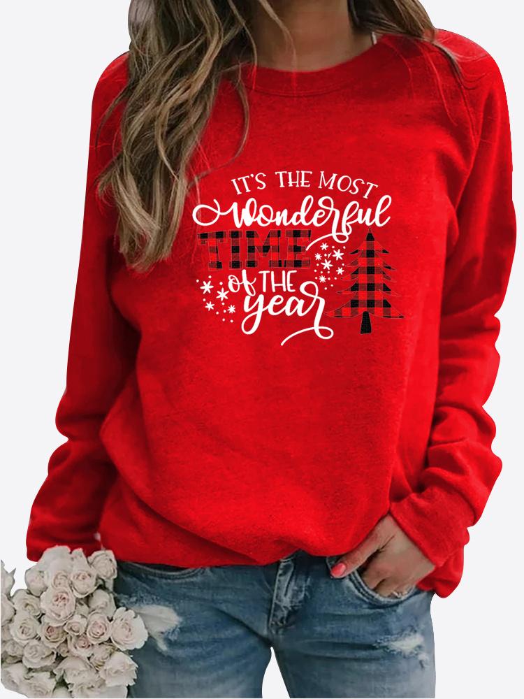 Jarní a podzimní dámský vánoční motiv Svetr s potiskem Zahuštěný kulatý výstřih s dlouhým rukávem Neformální mikina velké velikosti Top