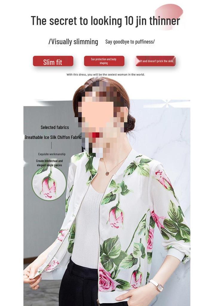 2026 Summer Women's Chiffon Long Sleeve Cardigan: Elegant Printed Design for Middle-aged & Elderly