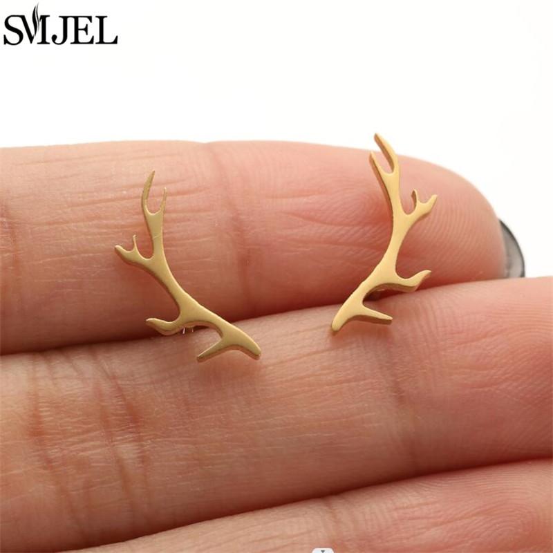 SMJEL Minimalist Silver Color Deer Horn Earrings Women Christmas Jewelry Cute Elk Antler Ear Studs Unique Tree Branch Earings