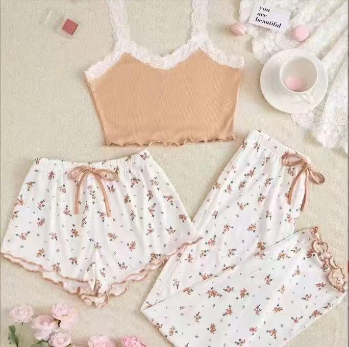 Conjunto de Pijama de Verão Floral de Três Peças para Mulheres - Roupa de Casa Estilosa e Leve