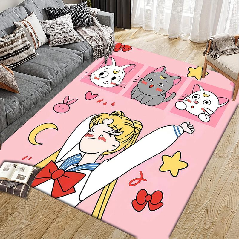 Sailor Moon Flannel Pattern Square Carpet,Area Rug,Carpet Rug for Living Room Bedroom Sofa Playroom Decor,Non-slip Floor Mat