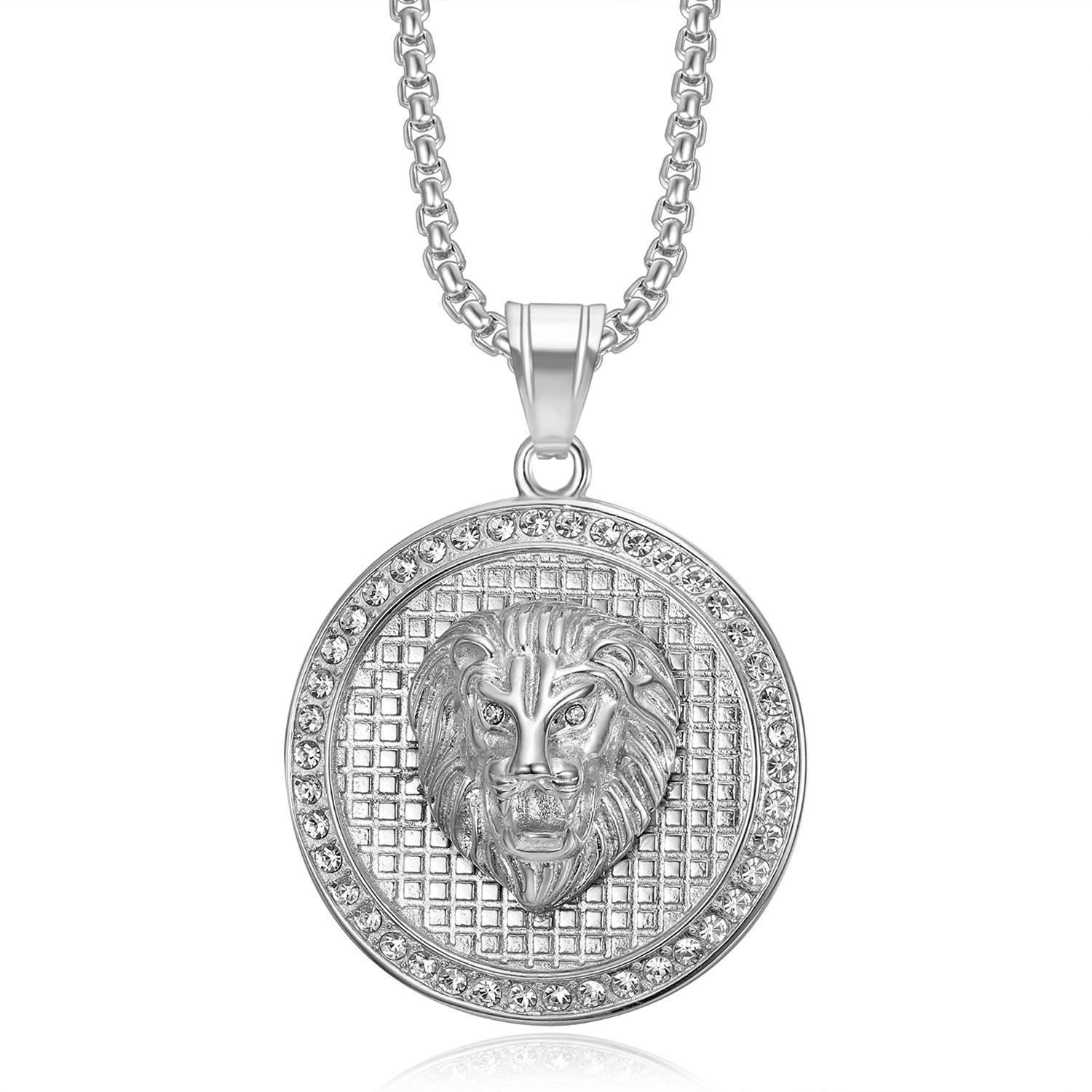 

Crystal Lion Head Pendant Necklace Stainless Steel PVD Gold Plated Hip Hop Jewelry for Men Party Gift 60cm срібний