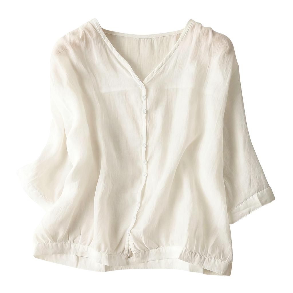 Leichte Retro-Bluse für Damen mit V-Ausschnitt, locker, aus Leinen-Baumwolle, mit Knöpfen