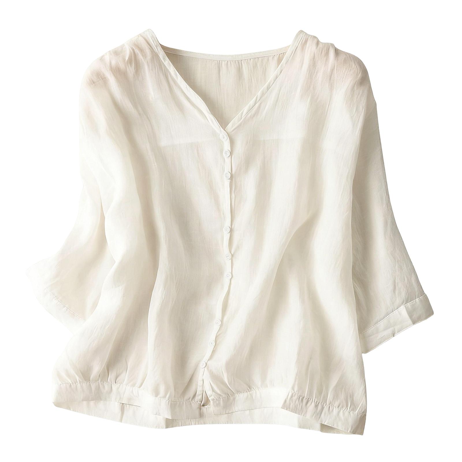 Women s Lightweight V-Neck Retro Loose Linen-Cotton Blouse With Buttons XL белый