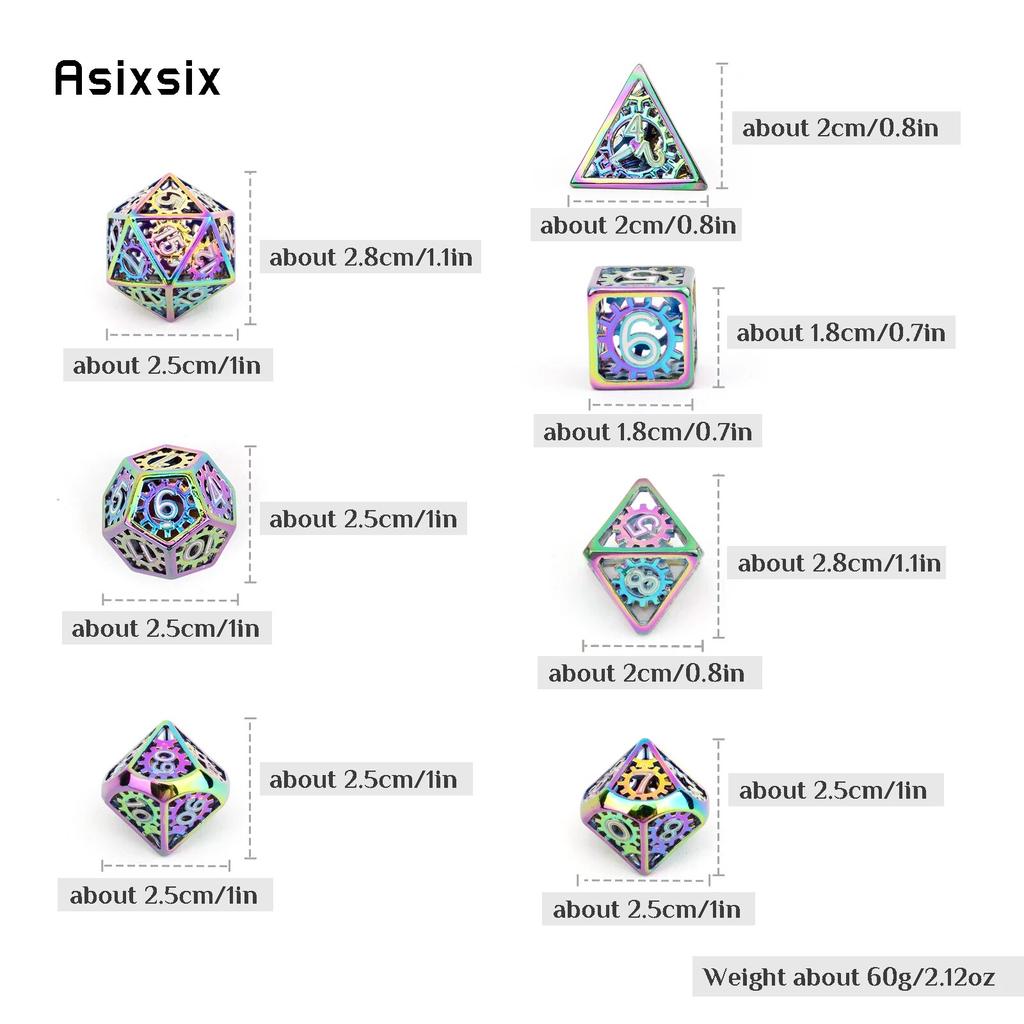 7 Pcs  Colorful Gear Wheel Metal Dice Hollow Metal Polyhedral Dice Set Suitable for Role-Playing RPG  Board Game Card Game