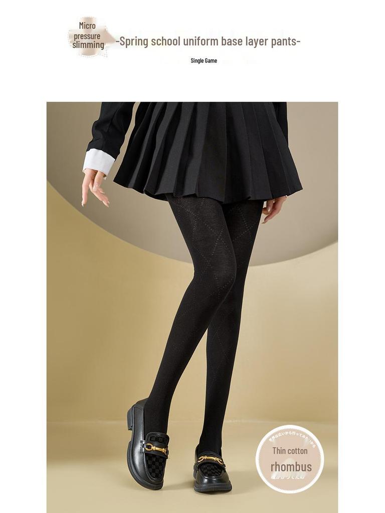Women's Combed Cotton Tights, Grey Diamond Pattern, Slimming, Medium Thickness, Autumn/Winter Style.