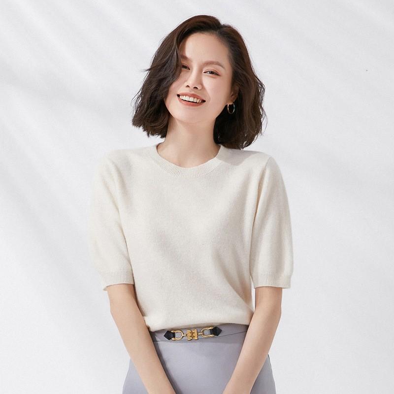 Spring and Autumn Women's T-shirt Knit Shirt Round Neck Simple Temperament Slim Top Solid Color Knitted Bottoming Thin