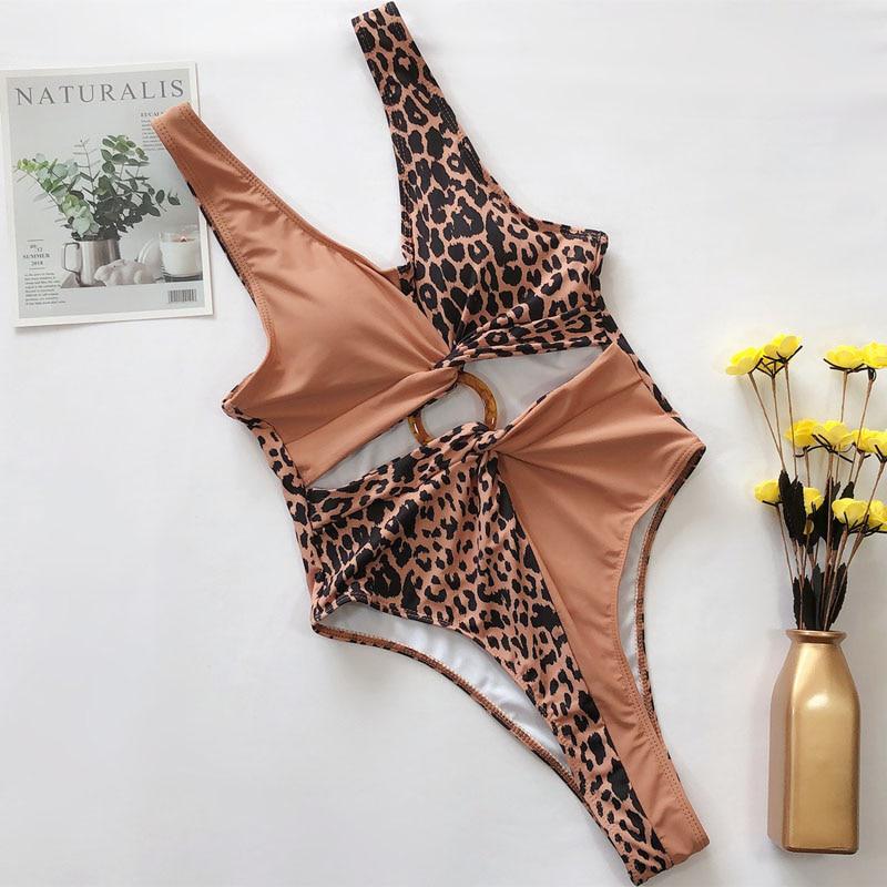 Damen Sexy Leopard Cutout Einteiler Badeanzug Badebekleidung Monokini Badehose
