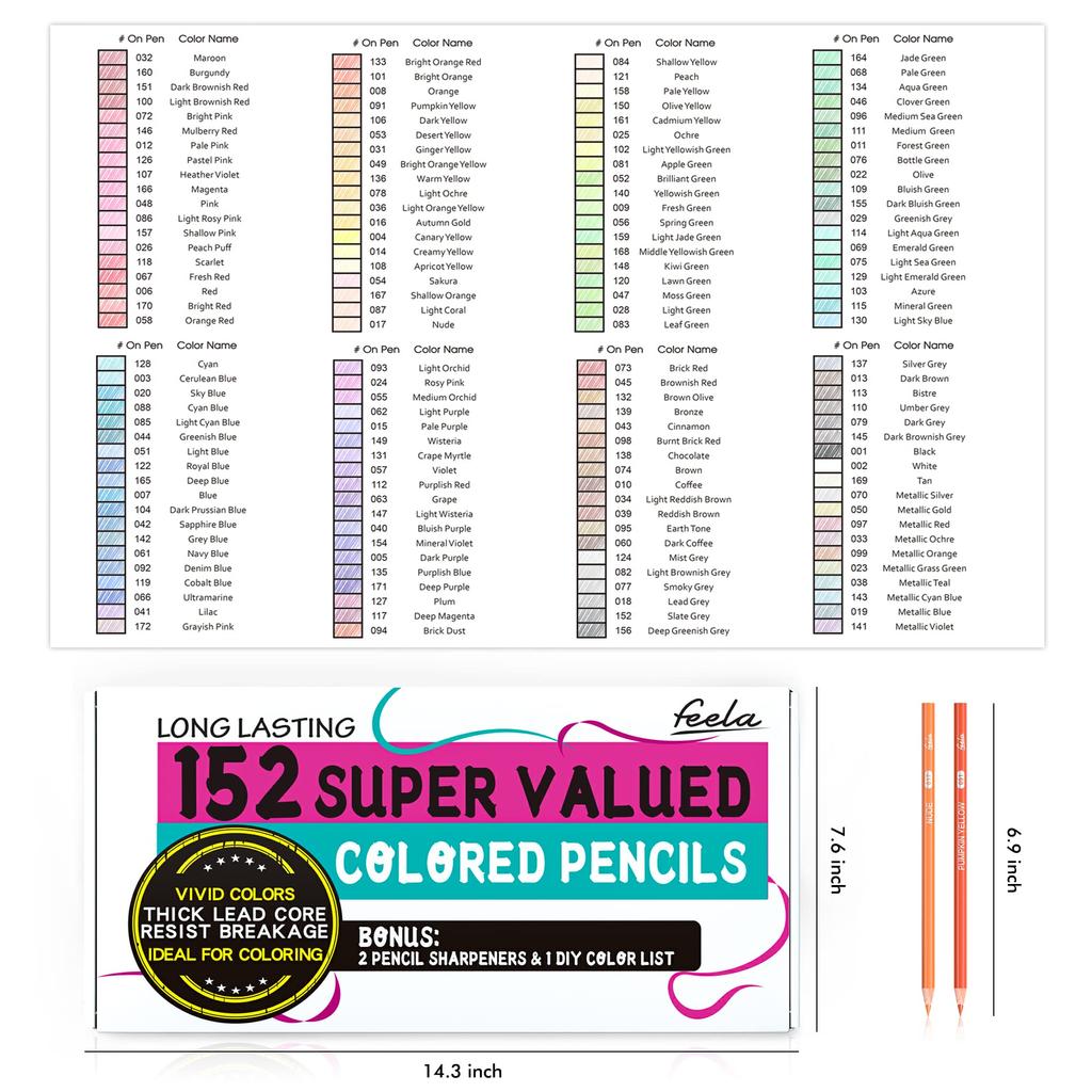 Feela Metallic Coloré pour Coloriage Adulte Comprend un Crayon et avec Rangement Cadeau pour Comprend une Liste de Couleurs Crayons, à Base d'Huile, Ensemble de 152 Couleurs, Couleurs,