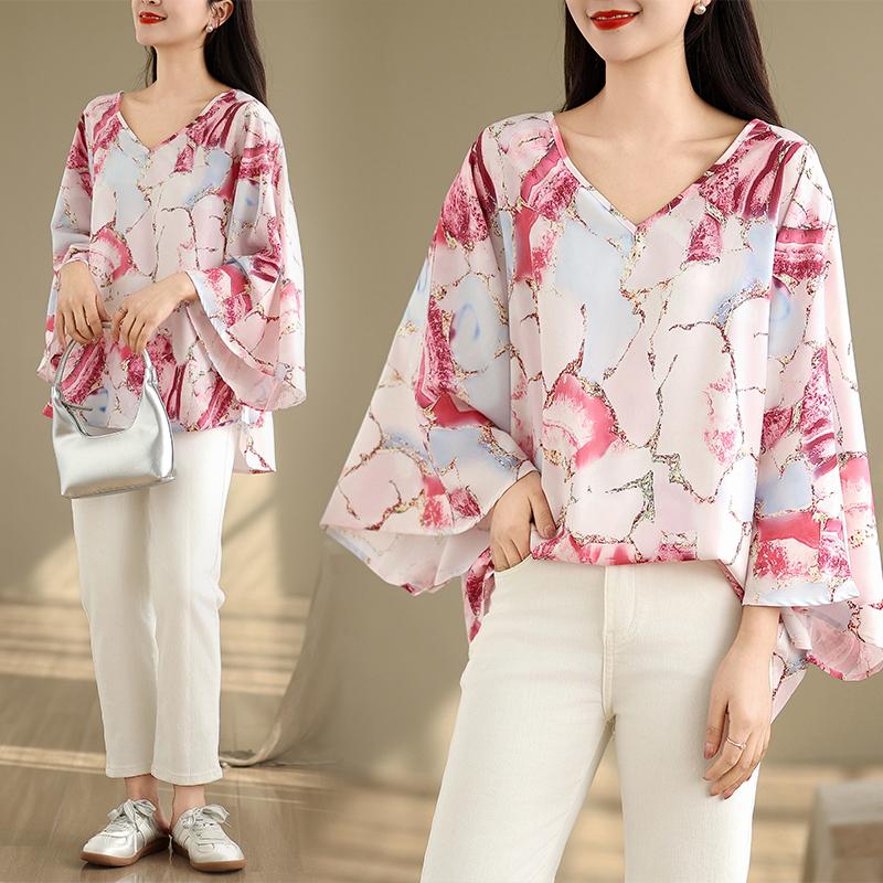 Dimanaf 2025 Women New Summer Plus Size T-Shirt Batwing Sleeves Printing V-Neck Vintage Loose Tops Tees Maxi